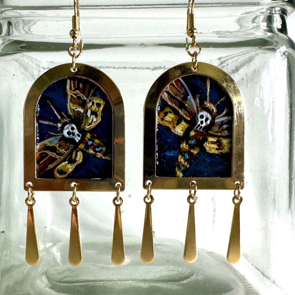 Hand painted Gold Deaths Head Moth Earrings